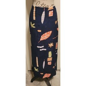 My Weekend Clothes Navy Blue Abstract Botanical Print Rayon Maxi Skirt Large